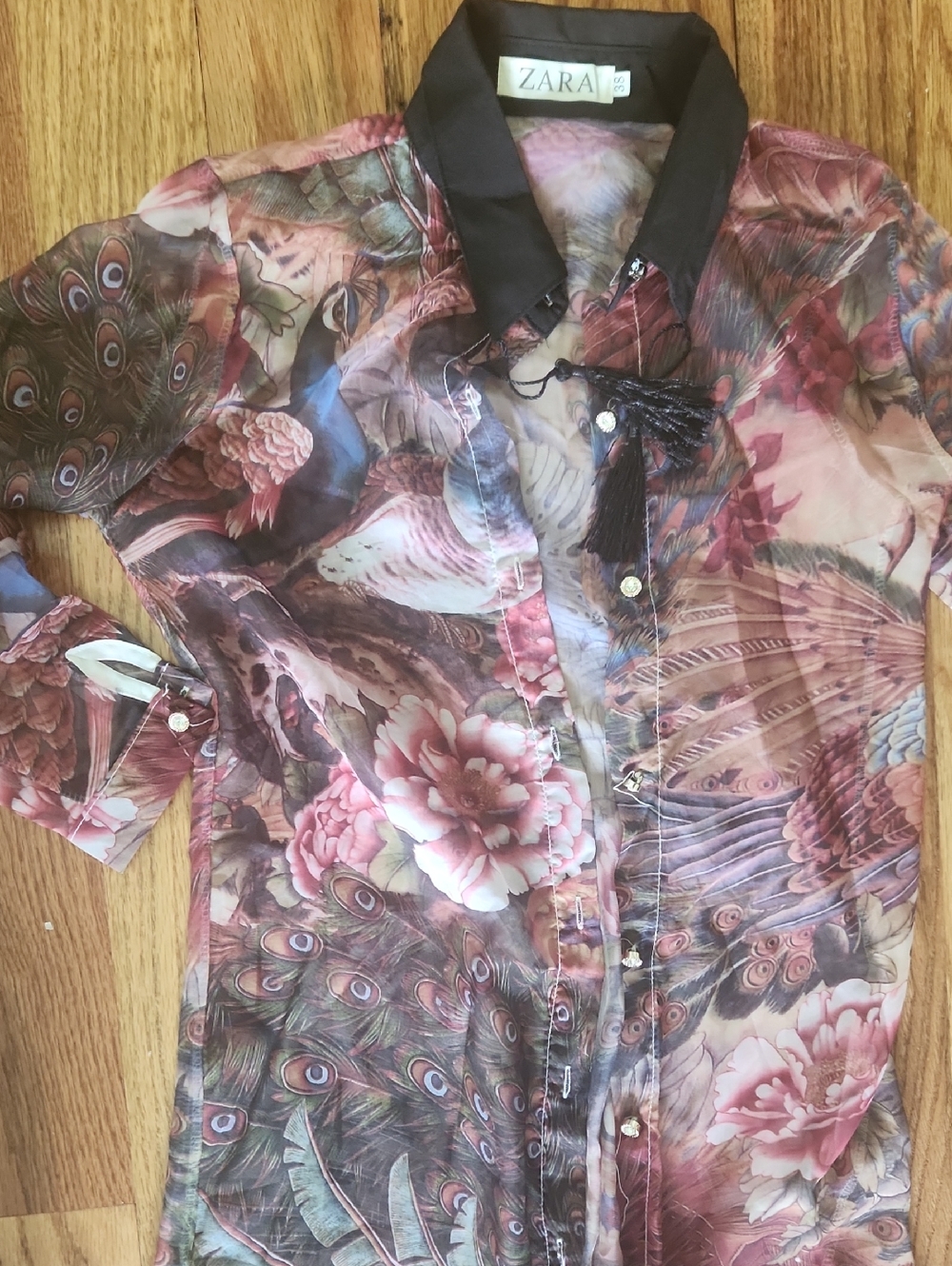 Zara Sheer Floral & Peacock-Feather Print Shirt — Pink/Brown/Black